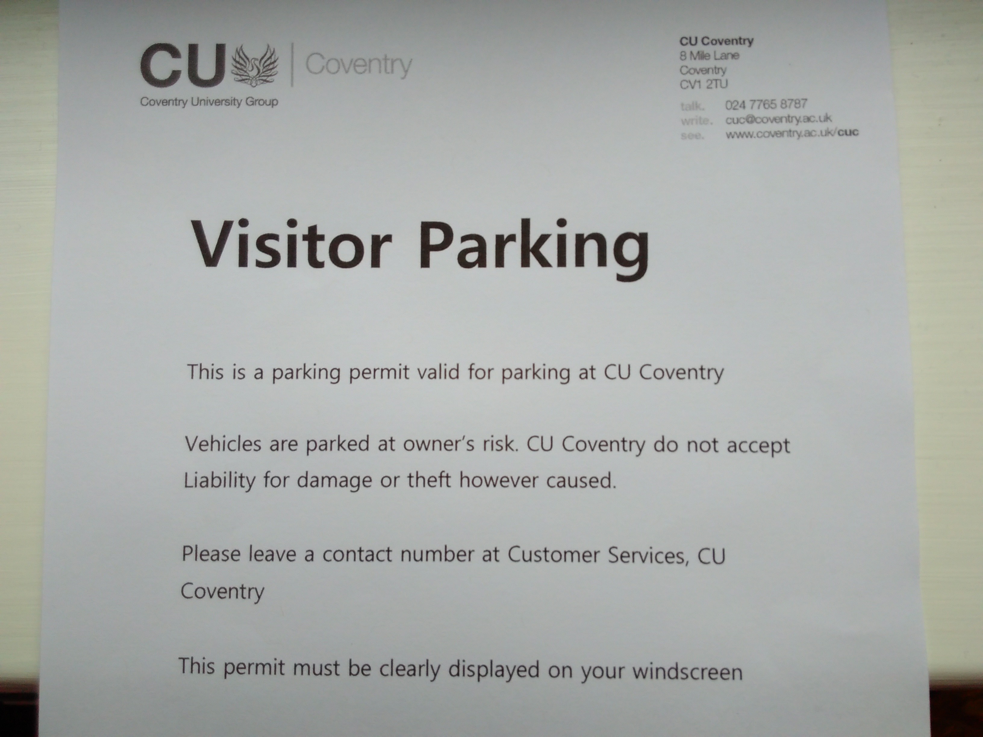 Cov Uni parking permit